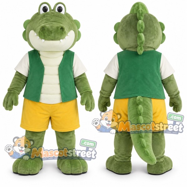 Green Crocodile Mascot Costume with Green Vest and Yellow Shorts