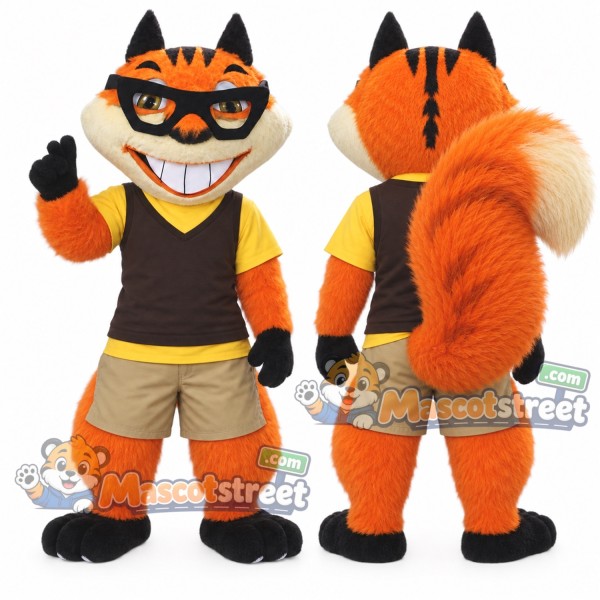Orange Squirrel Mascot Costume with Black Vest, Tan Shorts and Sunglasses
