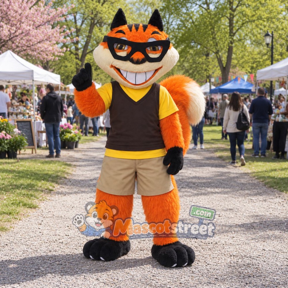 Orange Squirrel Mascot Costume with Black Vest, Tan Shorts and Sunglasses