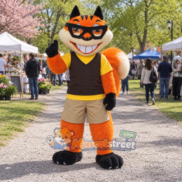 Orange Squirrel Mascot Costume with Black Vest, Tan Shorts and Sunglasses