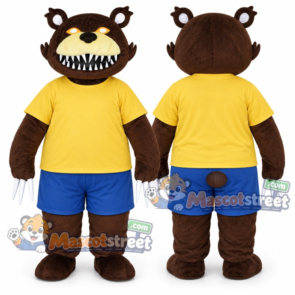 Brown Monster Bear Mascot Costume with Yellow Shirt and Blue Shorts Brown Monster Bear Mascot Costume with Yellow Shirt and Blue Shorts