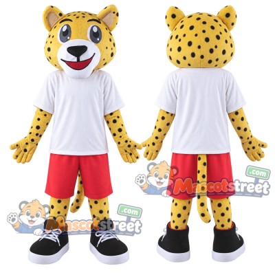 Yellow Spotted Leopard Mascot Costume with White Shirt and Red Shorts Yellow Spotted Leopard Mascot Costume with White Shirt and Red Shorts