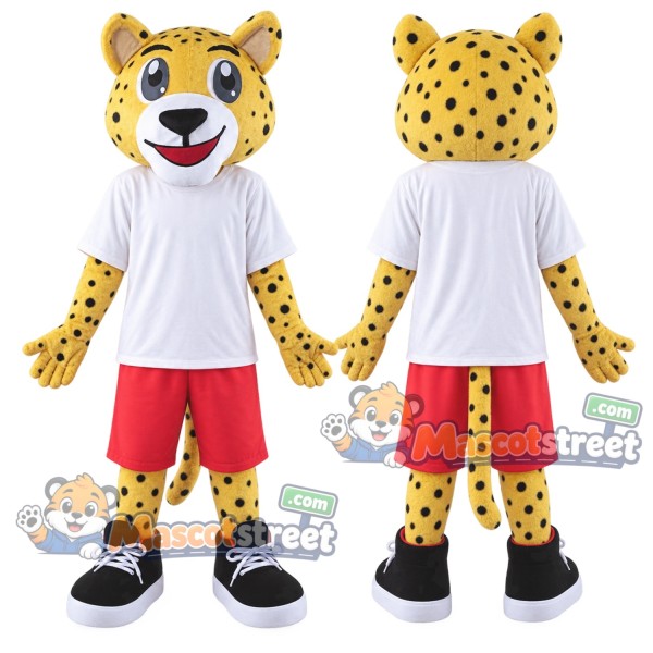 Yellow Spotted Leopard Mascot Costume with White Shirt and Red Shorts