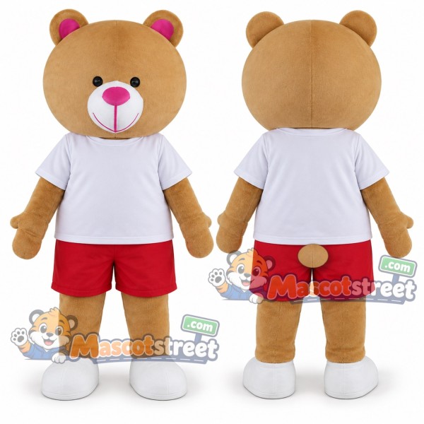 Tan Bear Mascot Costume with White Shirt and Red Shorts