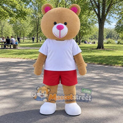 Tan Bear Mascot Costume with White Shirt and Red Shorts Tan Bear Mascot Costume with White Shirt and Red Shorts