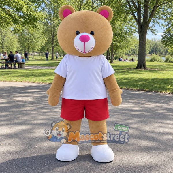 Tan Bear Mascot Costume with White Shirt and Red Shorts