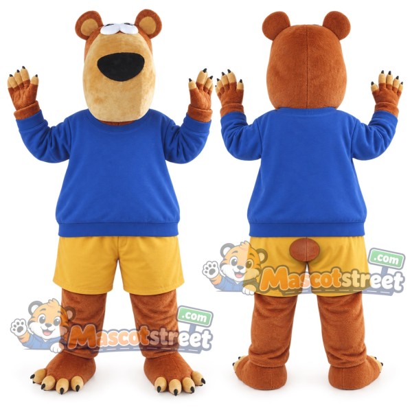 Brown Bear Mascot Costume with Blue Shirt and Yellow Shorts