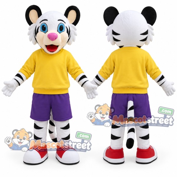 White Tiger Mascot Costume with Yellow Shirt and Purple Shorts