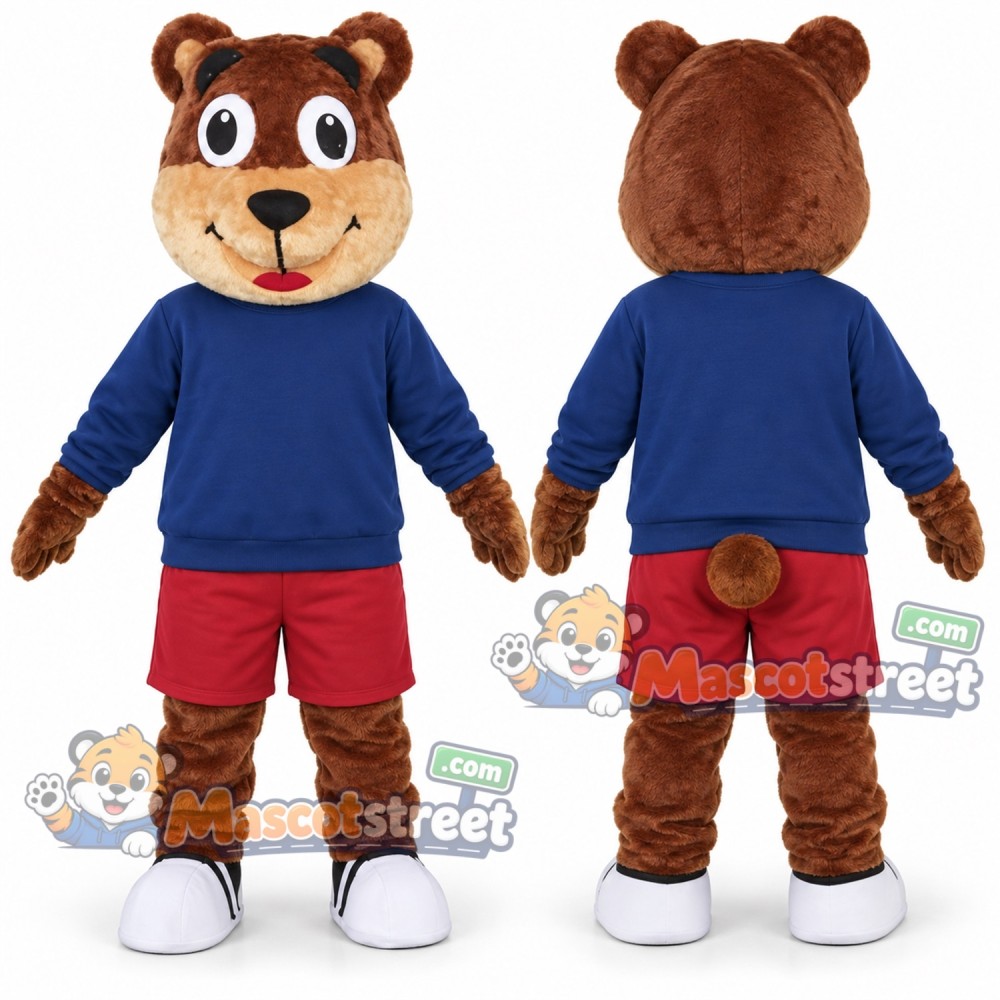 Brown Bear Mascot Costume with Blue Shirt and Red Shorts Brown Bear Mascot Costume with Blue Shirt and Red Shorts
