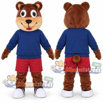 Brown Bear Mascot Costume with Blue Shirt and Red Shorts Brown Bear Mascot Costume with Blue Shirt and Red Shorts