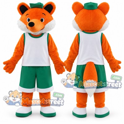 Orange Fox Mascot Costume with White Vest, Green Shorts and Green Cap Orange Fox Mascot Costume with White Vest, Green Shorts and Green Cap