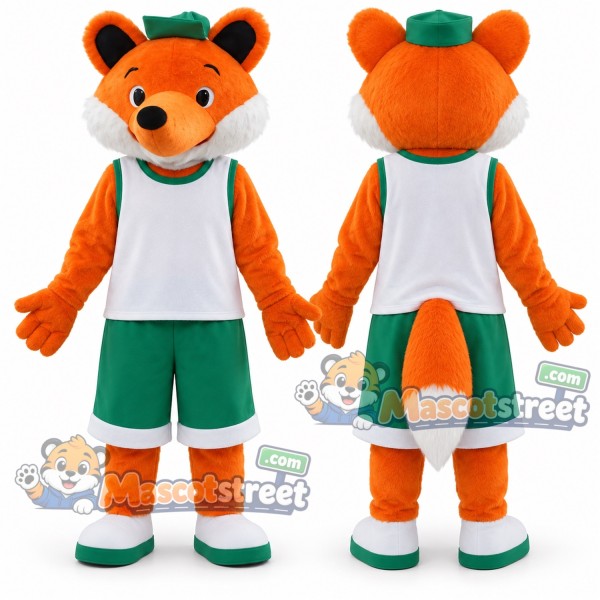 Orange Fox Mascot Costume with White Vest, Green Shorts and Green Cap