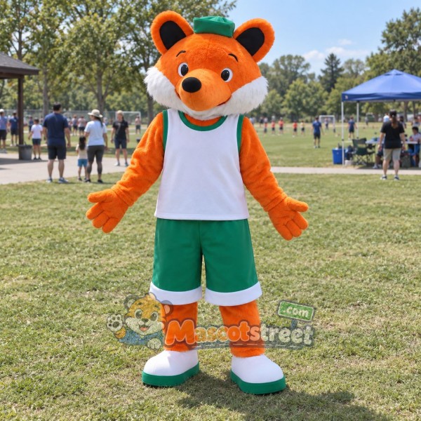 Orange Fox Mascot Costume with White Vest, Green Shorts and Green Cap