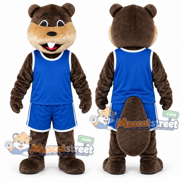 Brown Beaver Mascot Costume with Blue Sports Uniform