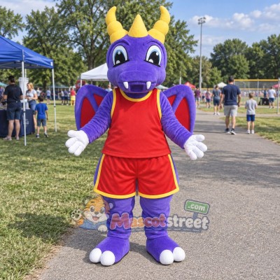 Purple Dragon Mascot Costume with Red Sports Uniform
