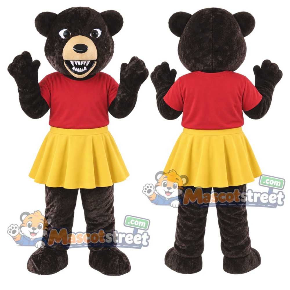 Black Bear Mascot Costume with Red Shirt and Yellow Skirt Black Bear Mascot Costume with Red Shirt and Yellow Skirt