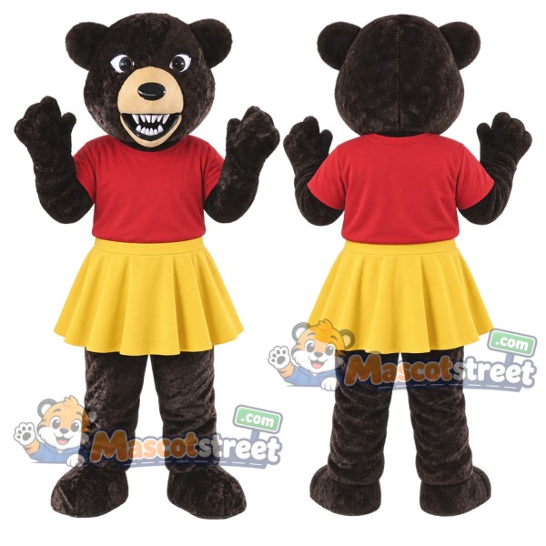 Black Bear Mascot Costume with Red Shirt and Yellow Skirt