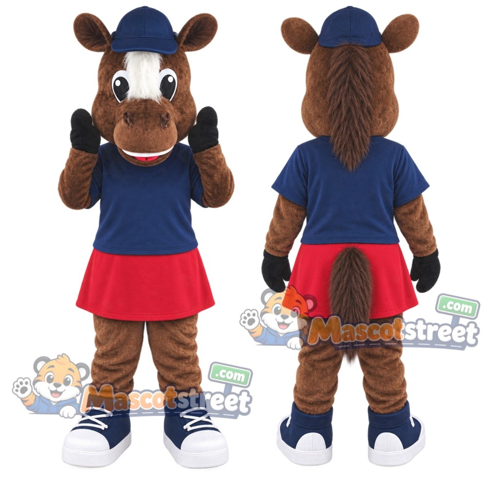 Brown Horse Mascot Costume with Navy Shirt, Red Skirt and Navy Cap
