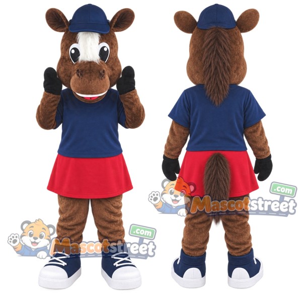 Brown Horse Mascot Costume with Navy Shirt, Red Skirt and Navy Cap