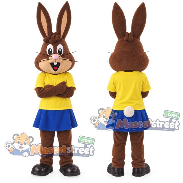 Brown Rabbit Mascot Costume with Yellow Shirt and Blue Skirt
