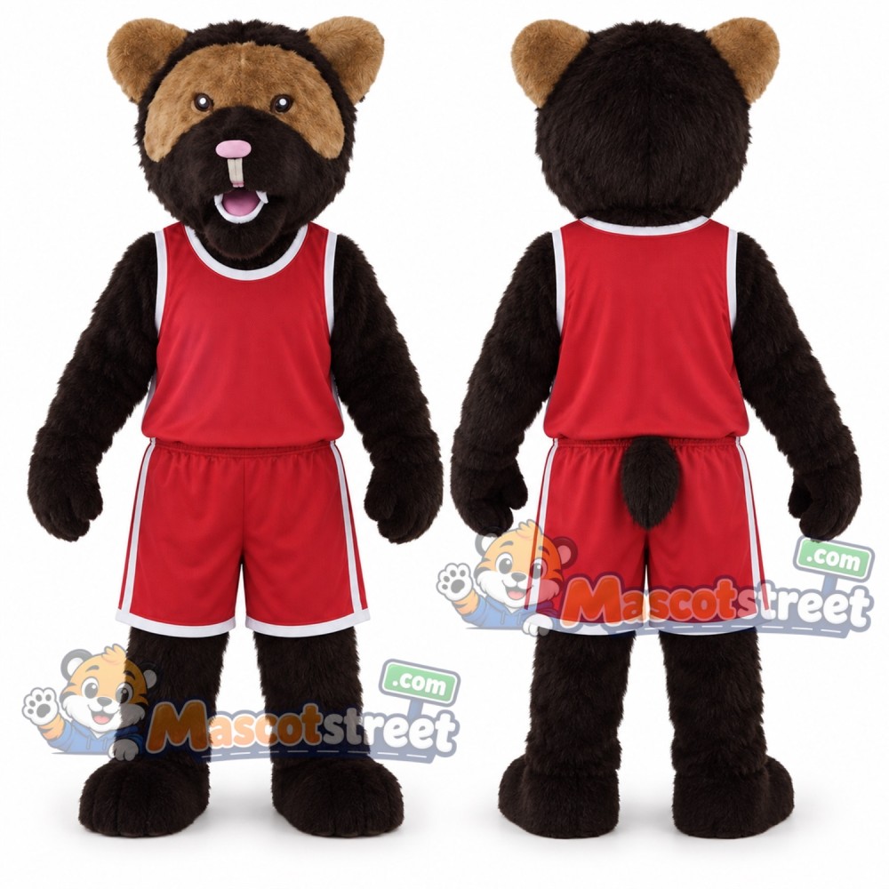 Black Bear Mascot Costume with Red Sports Uniform