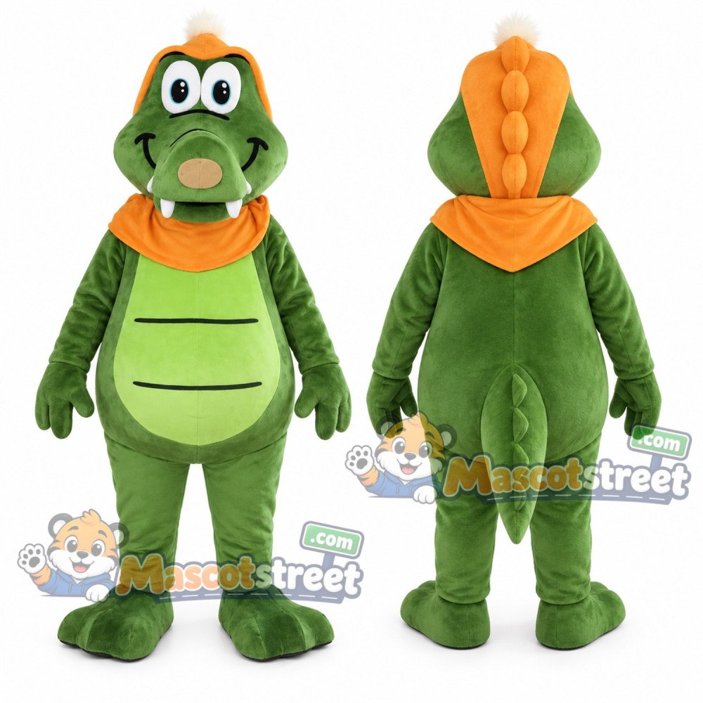 Green Crocodile Mascot Costume with Orange Hooded Cape
