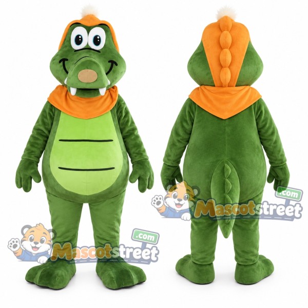 Green Crocodile Mascot Costume with Orange Hooded Cape