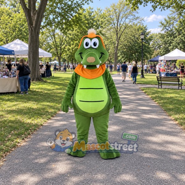 Green Crocodile Mascot Costume with Orange Hooded Cape