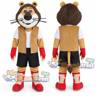 Brown Lion Mascot Costume with Tan Vest, Black Shorts and Red Gloves