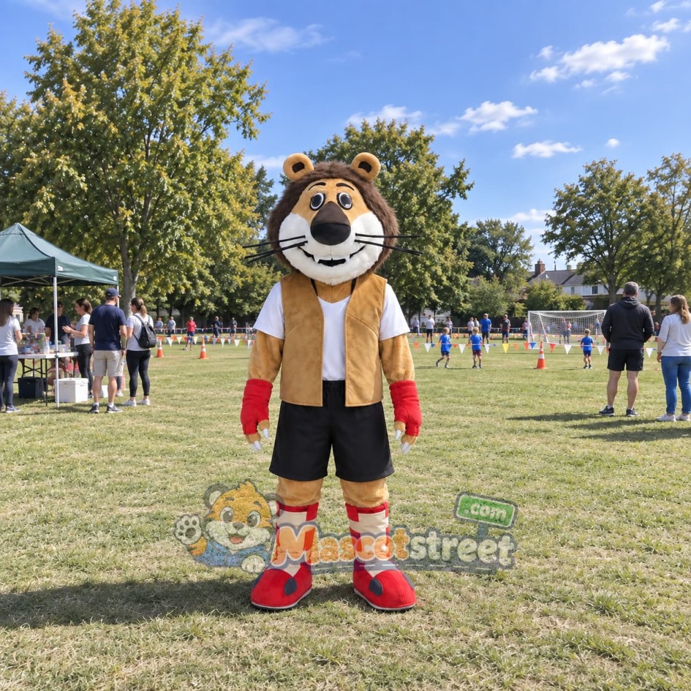 Brown Lion Mascot Costume with Tan Vest, Black Shorts and Red Gloves