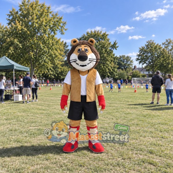 Brown Lion Mascot Costume with Tan Vest, Black Shorts and Red Gloves