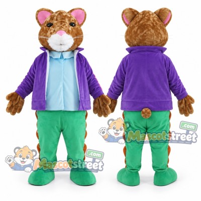 Brown Hamster Mascot Costume with Purple Jacket, Light Blue Shirt and Green Trousers