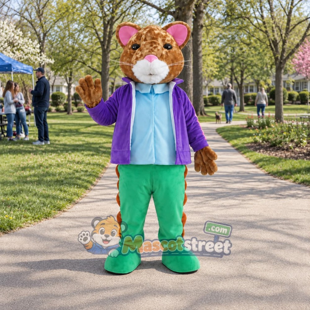 Brown Hamster Mascot Costume with Purple Jacket, Light Blue Shirt and Green Trousers