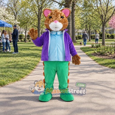 Brown Hamster Mascot Costume with Purple Jacket, Light Blue Shirt and Green Trousers