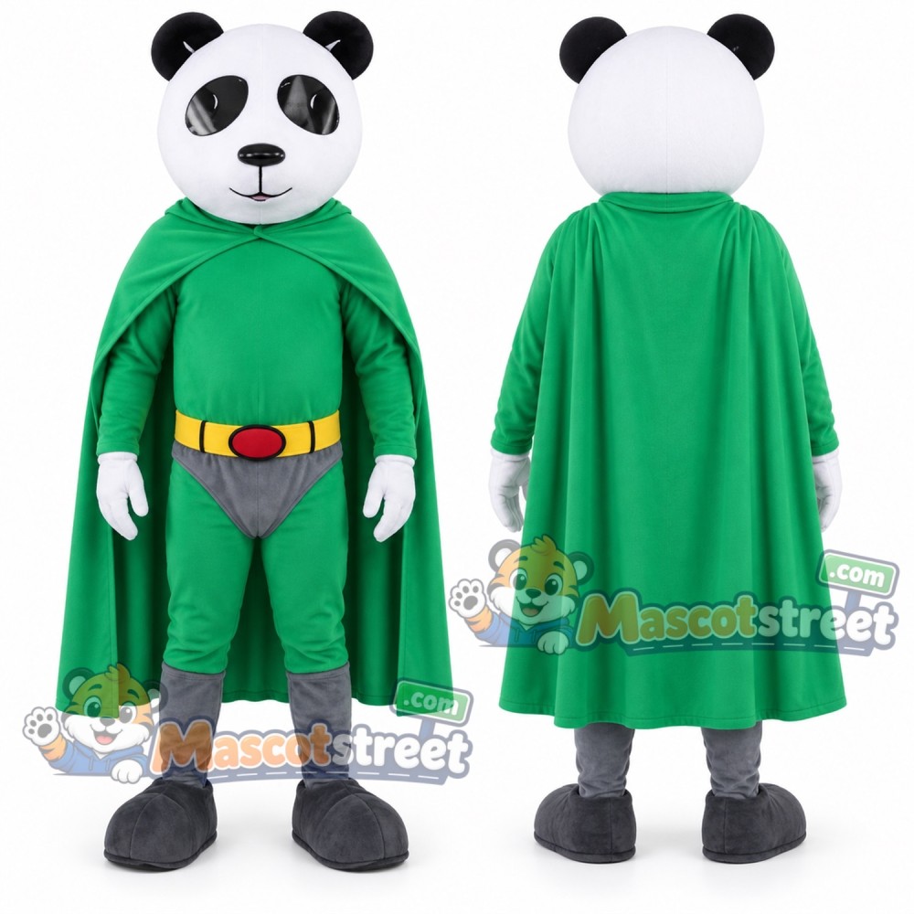 Panda Mascot Costume with Green Superhero Suit and Cape Panda Mascot Costume with Green Superhero Suit and Cape