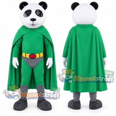 Panda Mascot Costume with Green Superhero Suit and Cape Panda Mascot Costume with Green Superhero Suit and Cape
