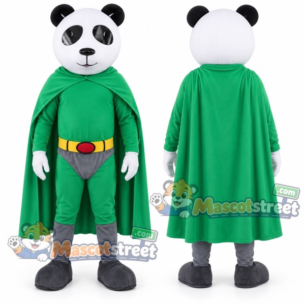 Panda Mascot Costume with Green Superhero Suit and Cape