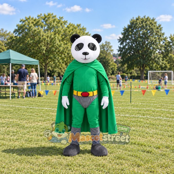 Panda Mascot Costume with Green Superhero Suit and Cape