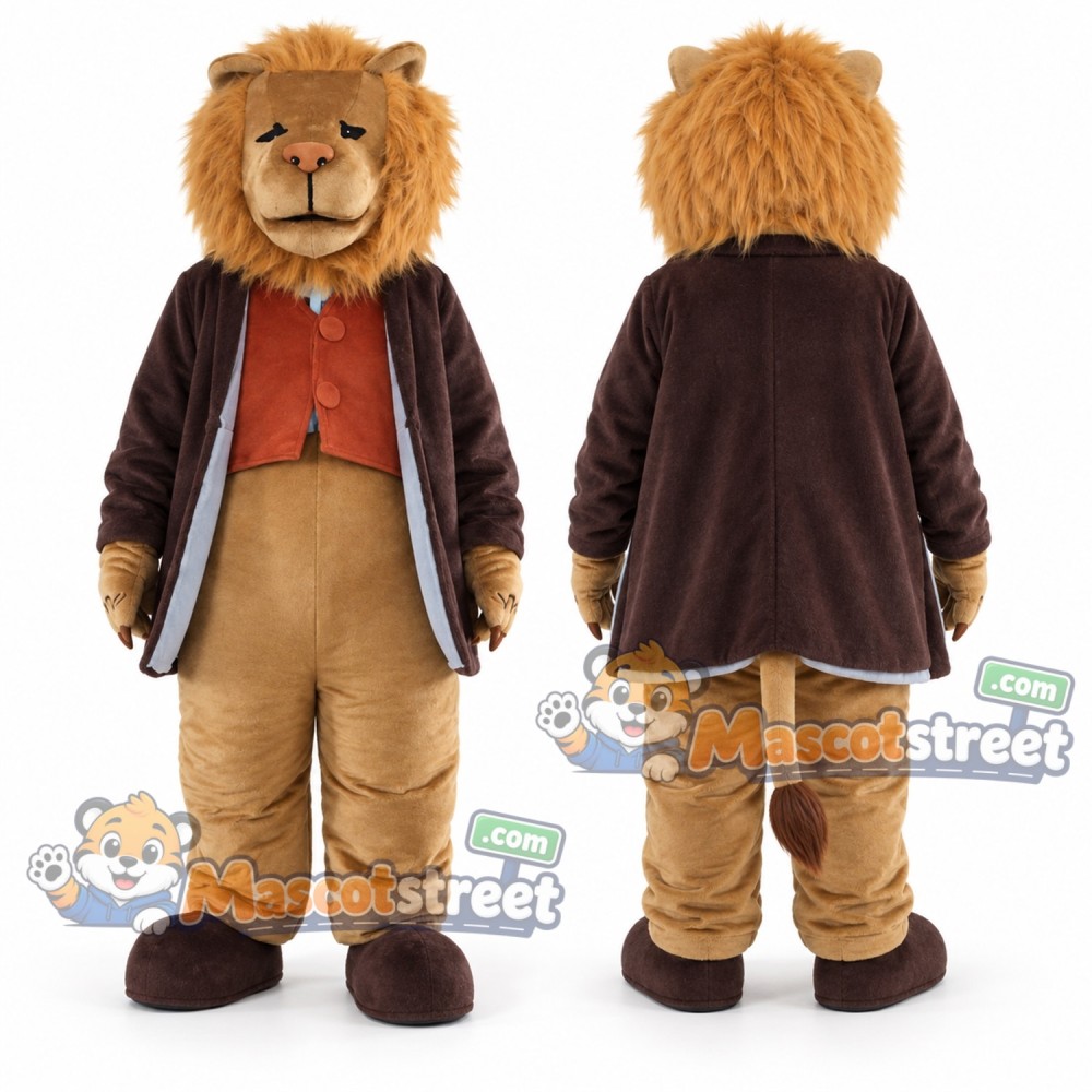 Brown Lion Mascot Costume with Brown Coat, Orange Vest and Tan Trousers