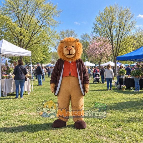 Brown Lion Mascot Costume with Brown Coat, Orange Vest and Tan Trousers