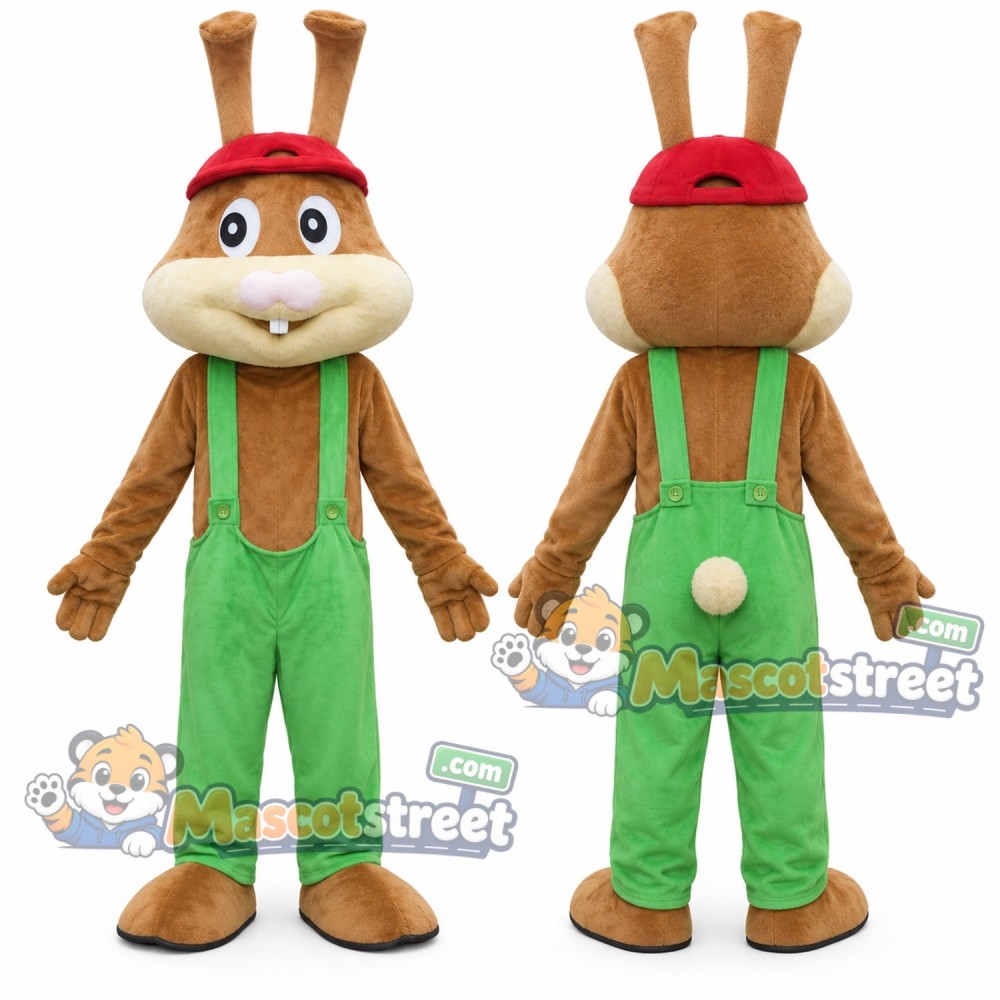 Brown Rabbit Mascot Costume with Green Overalls and Red Cap Brown Rabbit Mascot Costume with Green Overalls and Red Cap