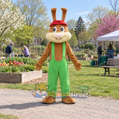 Brown Rabbit Mascot Costume with Green Overalls and Red Cap Brown Rabbit Mascot Costume with Green Overalls and Red Cap