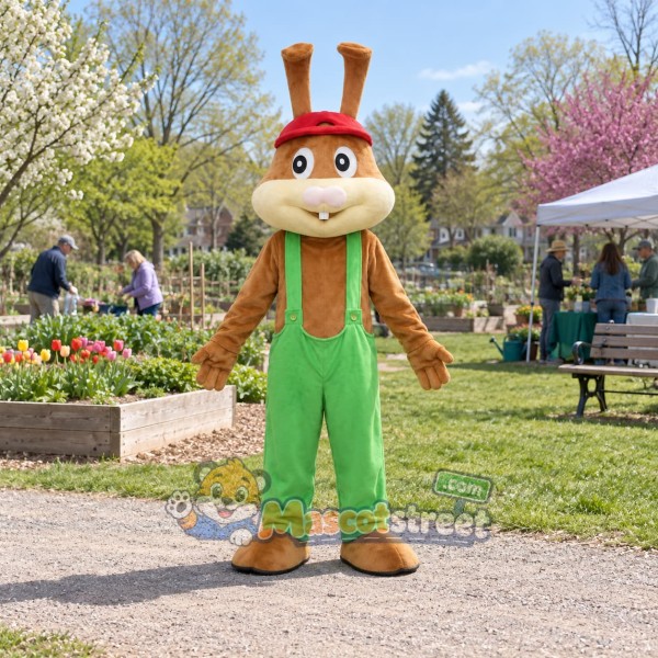Brown Rabbit Mascot Costume with Green Overalls and Red Cap