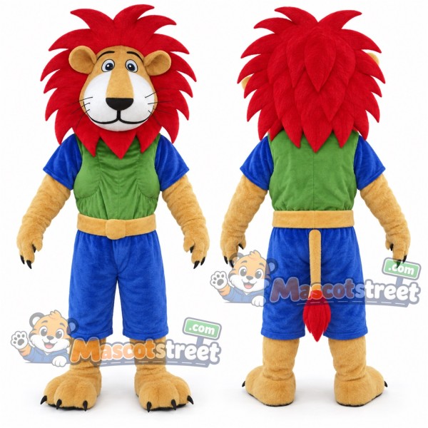 Red Maned Lion Mascot Costume with Green Vest and Blue Shorts