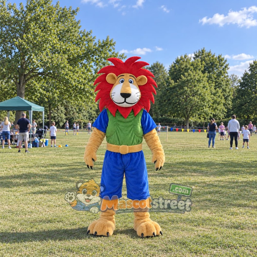 Red Maned Lion Mascot Costume with Green Vest and Blue Shorts Red Maned Lion Mascot Costume with Green Vest and Blue Shorts