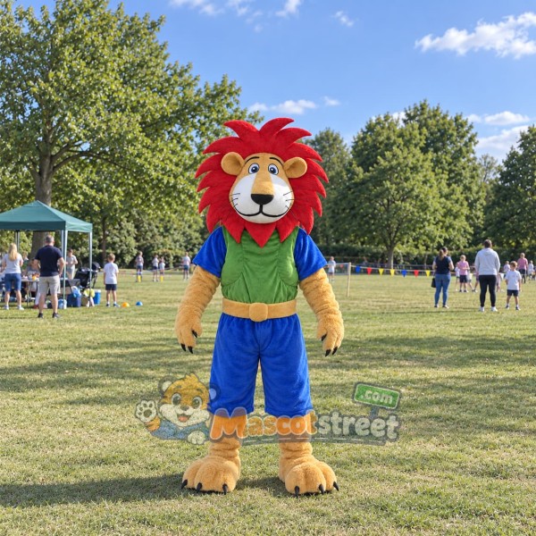 Red Maned Lion Mascot Costume with Green Vest and Blue Shorts