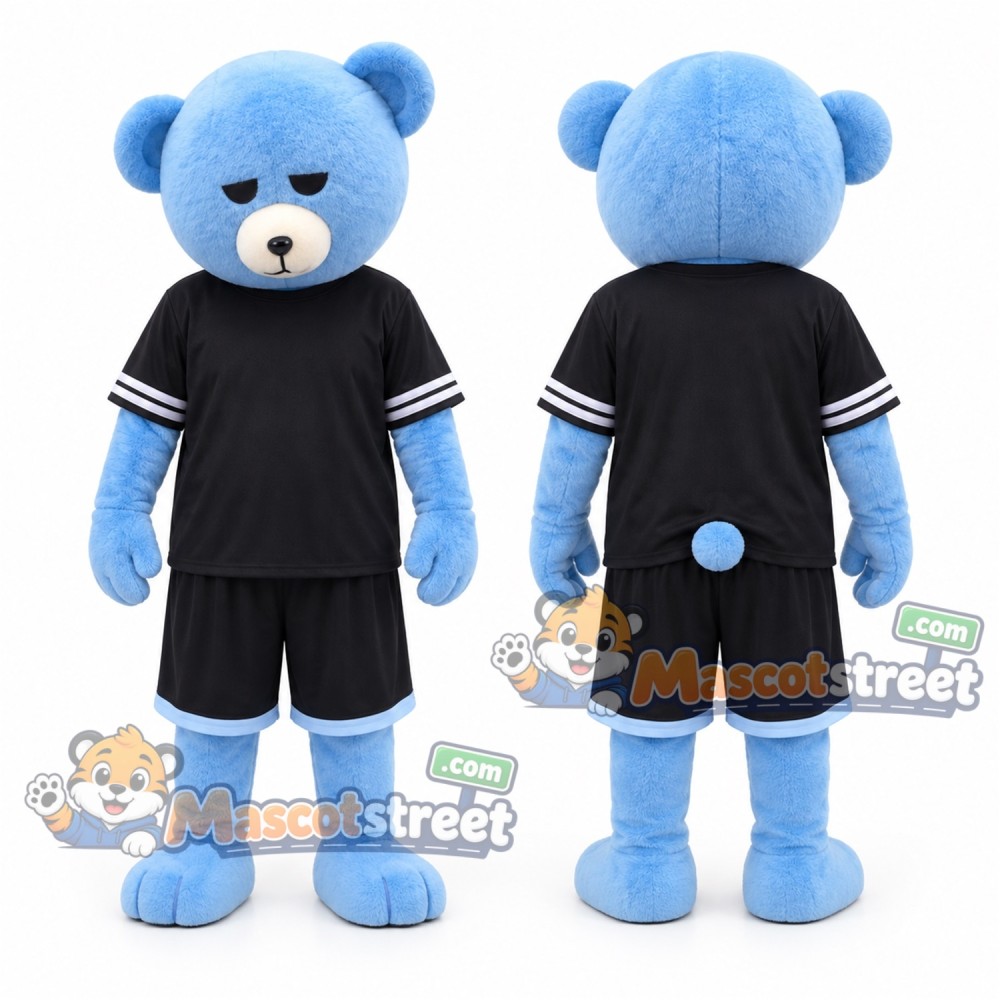 Blue Bear Mascot Costume with Black Sports Uniform