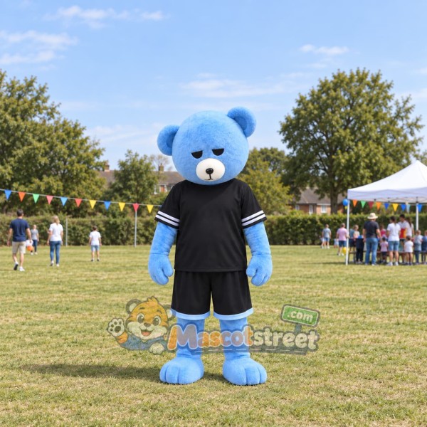 Blue Bear Mascot Costume with Black Sports Uniform