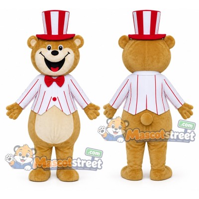 Brown Bear Mascot Costume with Striped Jacket and Striped Top Hat