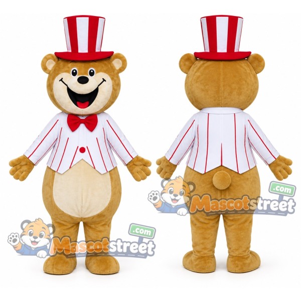Brown Bear Mascot Costume with Striped Jacket and Striped Top Hat